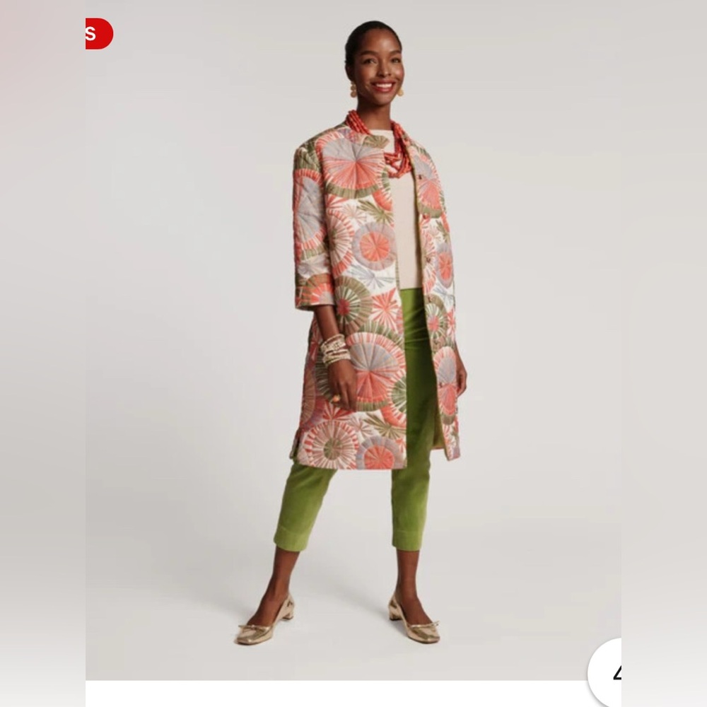 Frances Valentine Quilted Floral Medallion Coat in Coral, Green & Cream